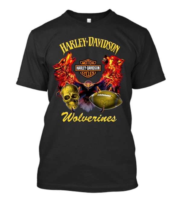 Harley Davidson Motorcycles Wolverines Football Skull T-Shirt