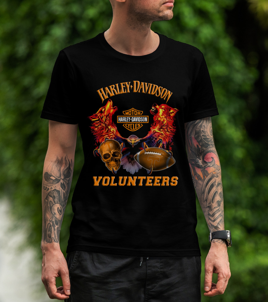 Harley Davidson Motor Cycles Tennessee Volunteers Wolves Skull Football T-Shirt