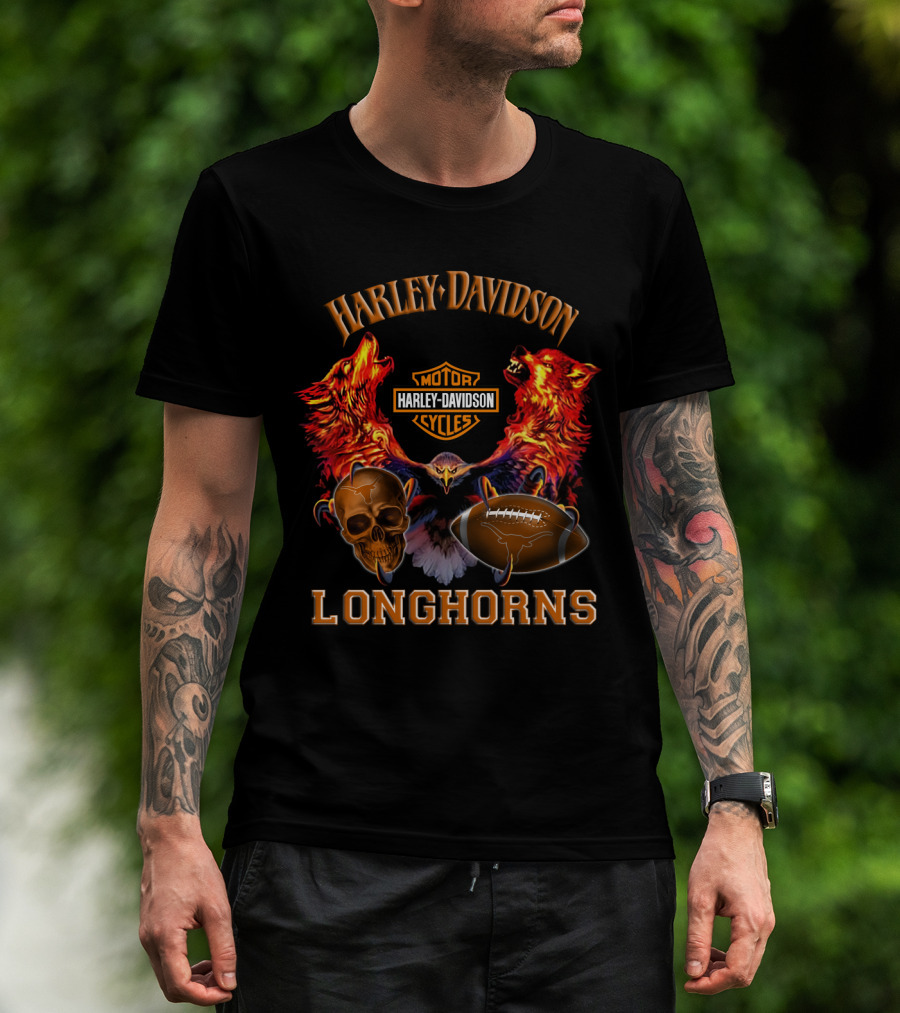 Harley Davidson Longhorns Texas Football Wolves Skull And Motorcycle T-Shirt