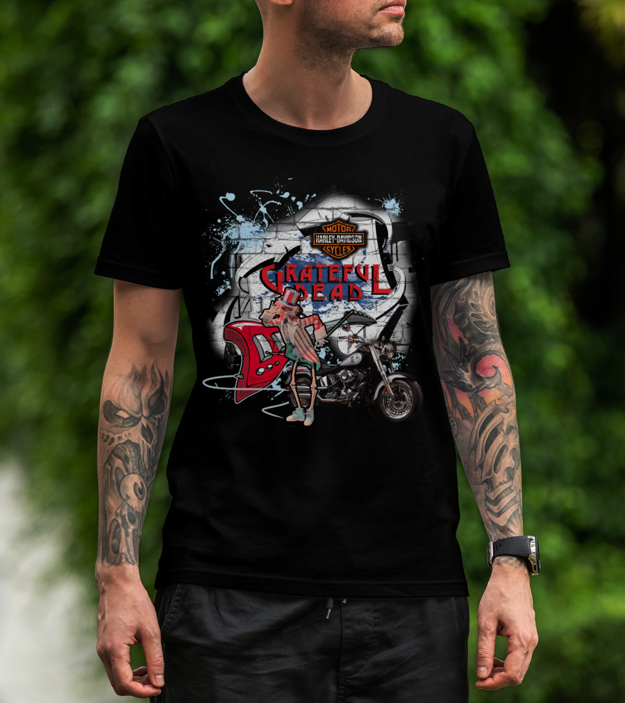 Grateful Dead Harley Davidson Motorcycle Skeleton With Guitar T-Shirt