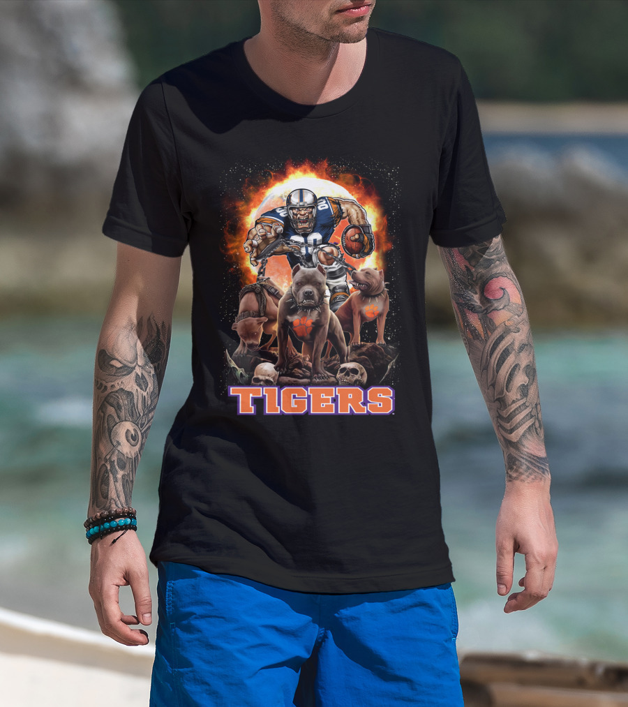 Tigers Football Warrior With Dogs And Skulls In Front Of Fiery T-Shirt