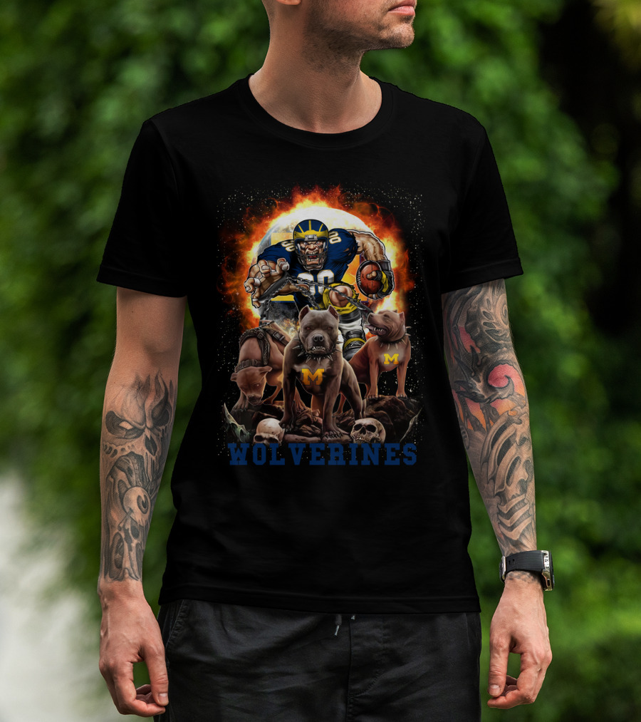 Michigan Wolverines Football Player With Dogs And Flames T-Shirt