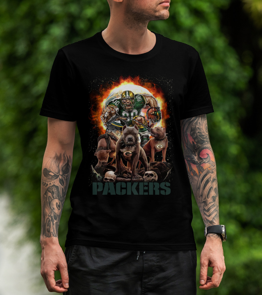Packers Fierce Football Warrior With Dogs And Flaming T-Shirt