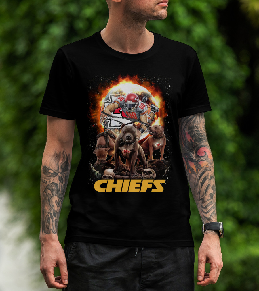 Chiefs Football Player With Dogs And Fiery T-Shirt
