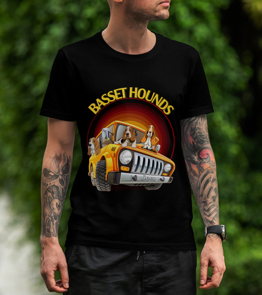 Basset Hounds Jeep Adventure With Dh 51 Basset Hounds Car T-Shirt