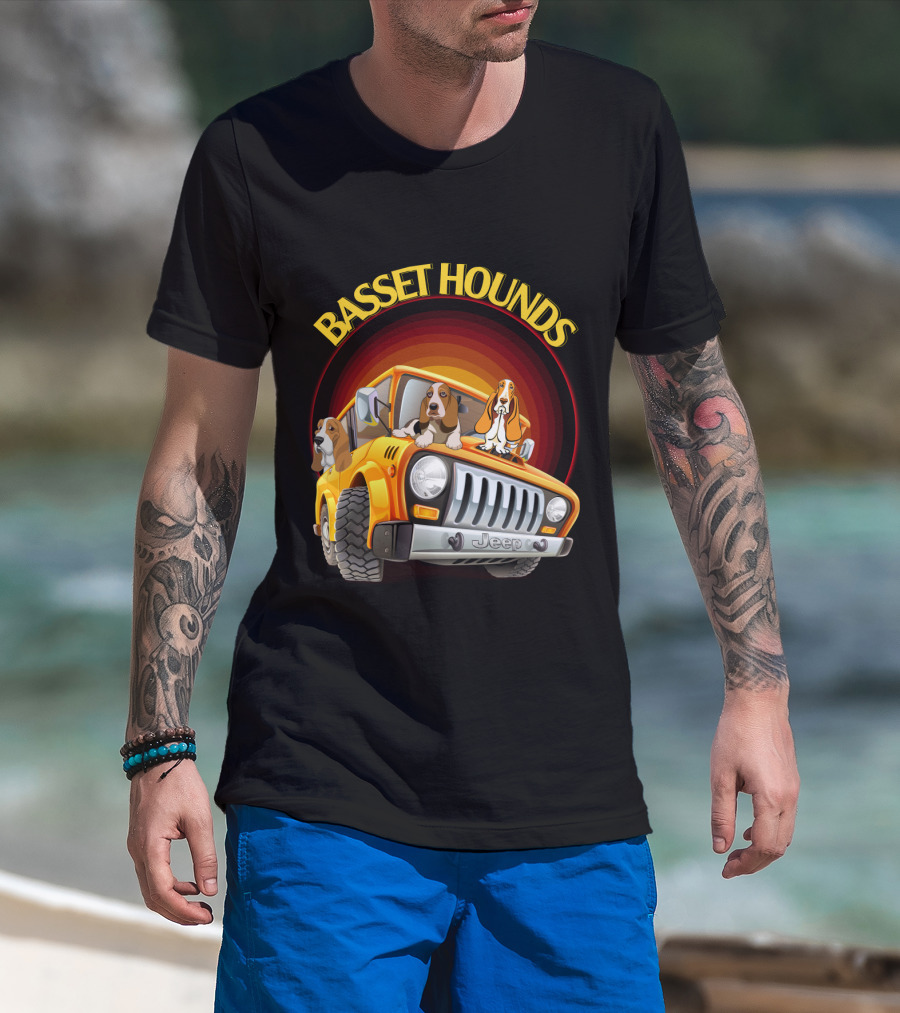 Basset Hounds Jeep Adventure With Dh 51 Basset Hounds Car T-Shirt