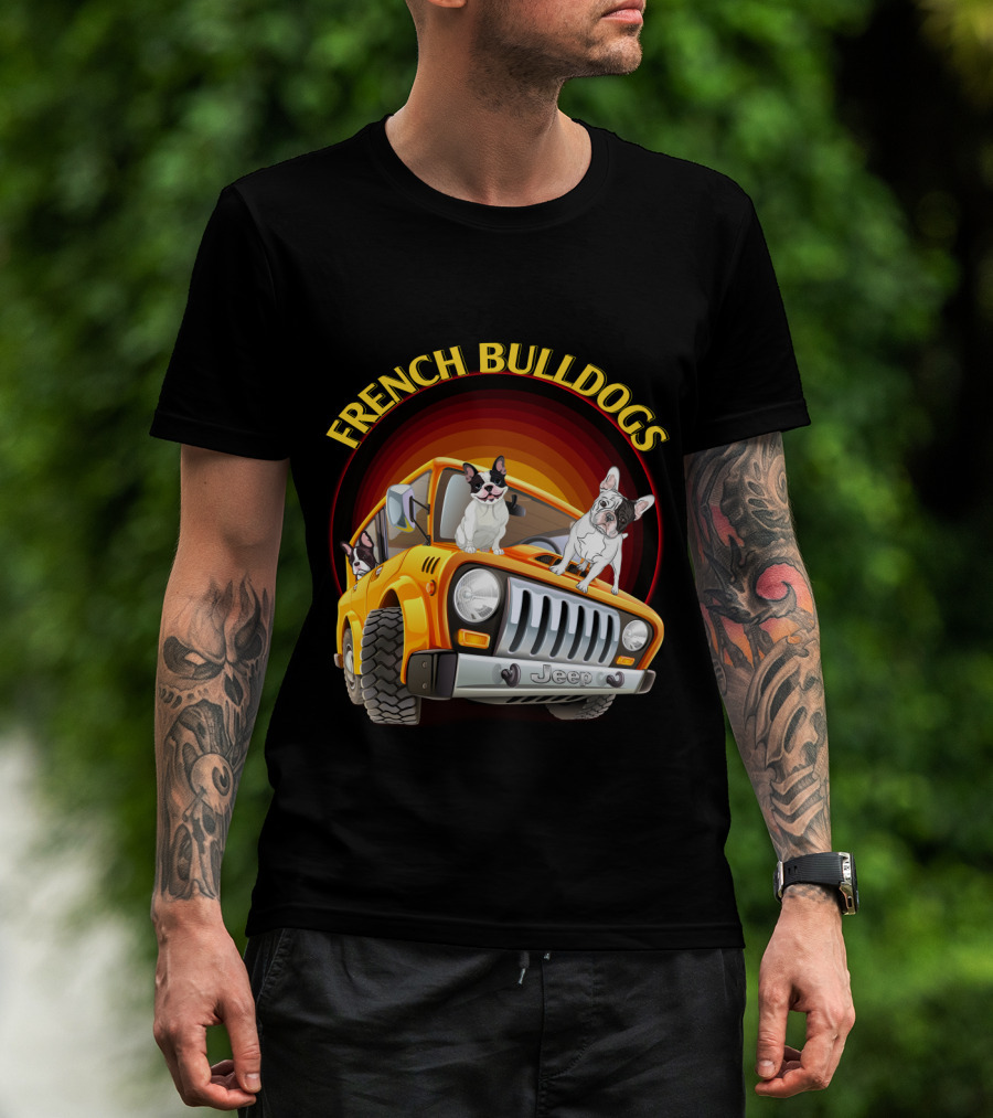 French Bulldogs In Orange Jeep T-Shirt