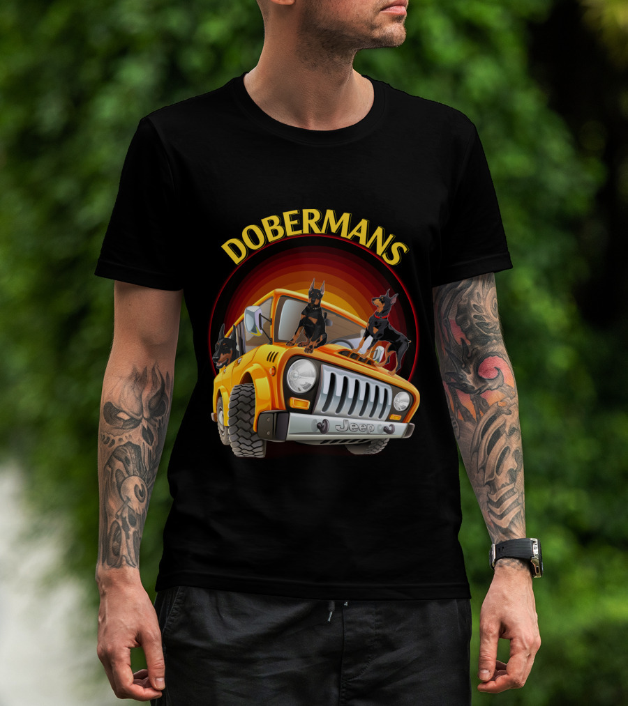 Dobermans Riding Yellow Jeep Adventure T-Shirt