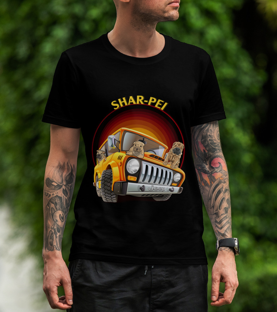 Shar-Pei Jeep Orange With Three Puppies T-Shirt