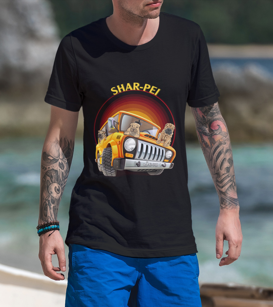 Shar-Pei Jeep Orange With Three Puppies T-Shirt