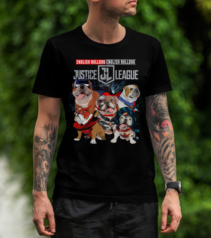 Justice League English Bulldog Superhero Team DH 55 T-Shirt