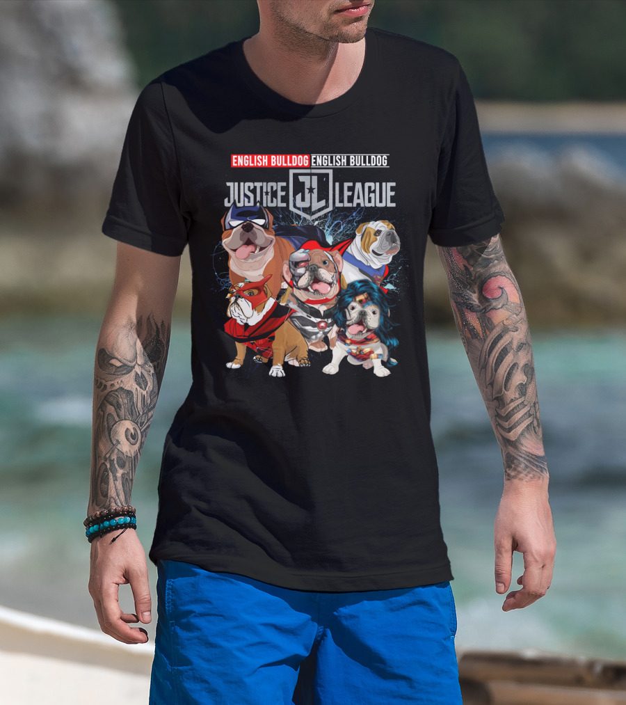 Justice League English Bulldog Superhero Team DH 55 T-Shirt
