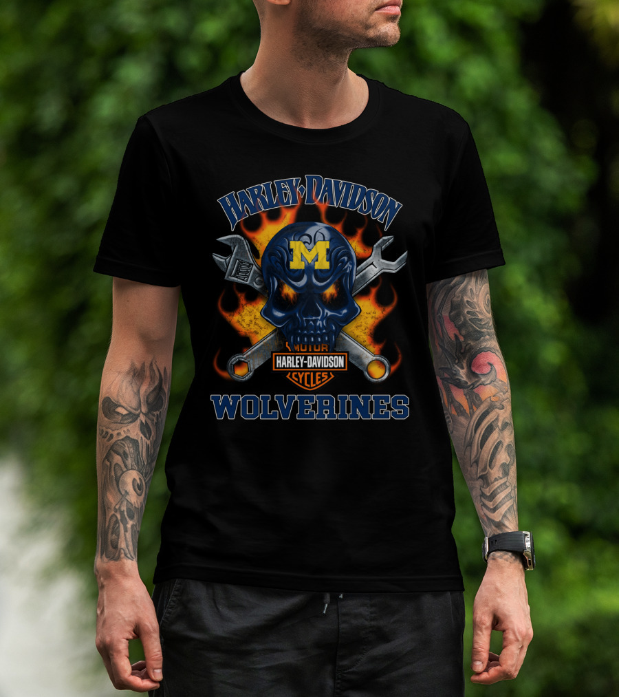 Harley Davidson Michigan Wolverines Skull Flames T-Shirt