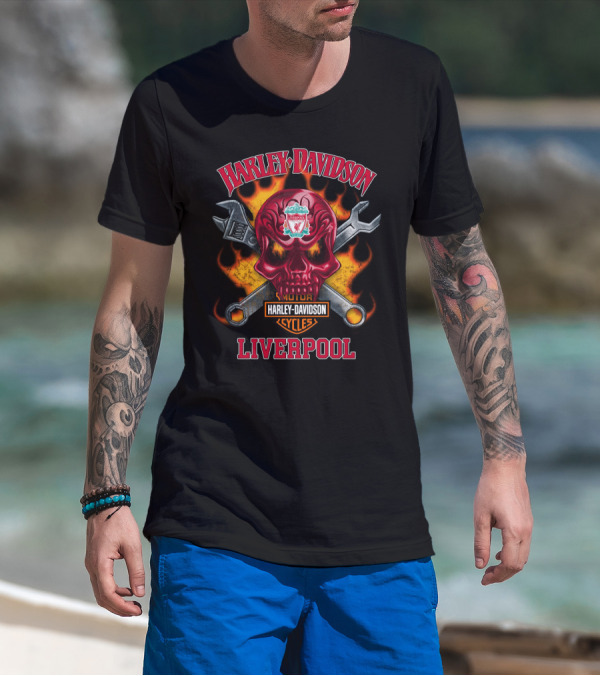 Harley Davidson Motorcycle Cycles Liverpool Skull Wrench Flames T-Shirt