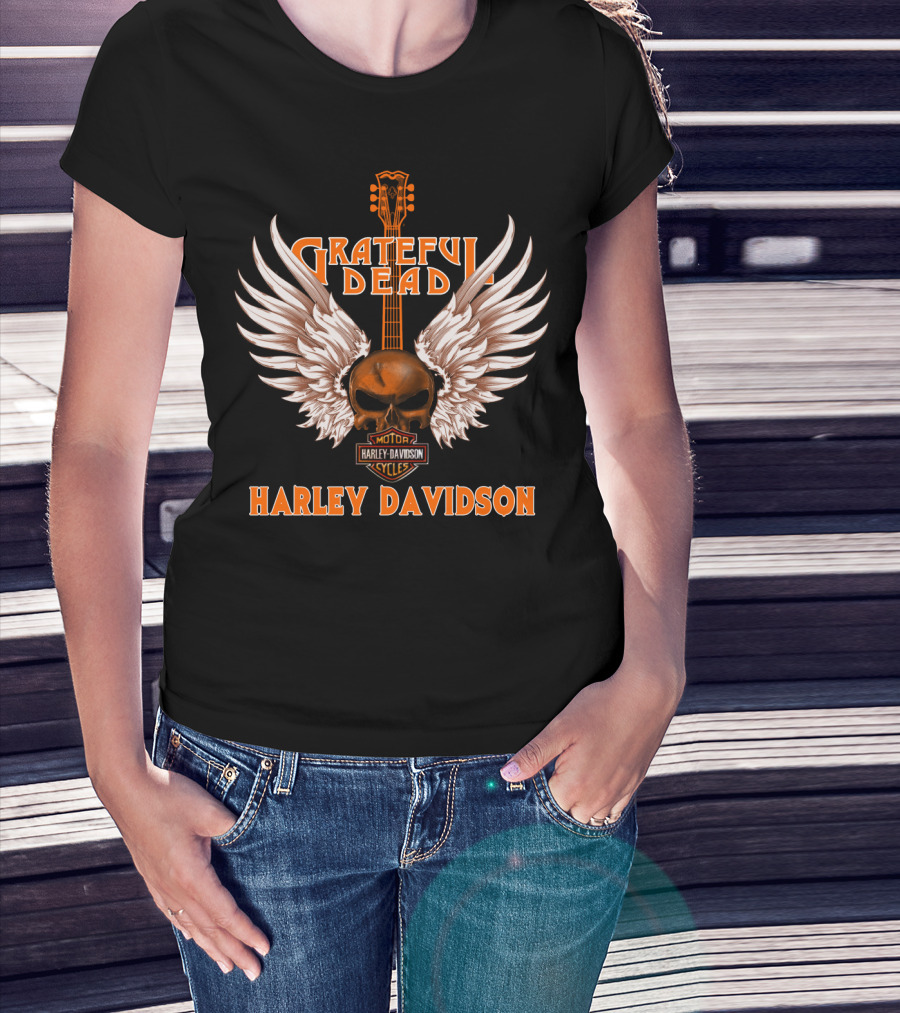 Grateful Dead Harley Davidson Skull Wings Guitar T-Shirt