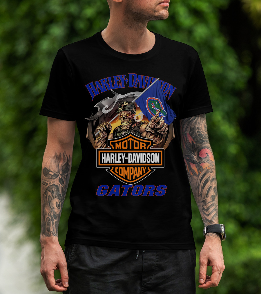 Harley Davidson Gators Skeleton With Florida Gators Flag T-Shirt