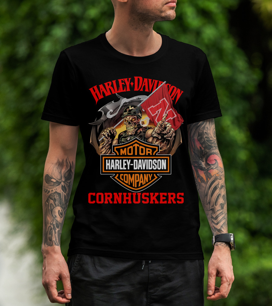 Harley Davidson Company Cornhuskers Skeleton With Nebraska Flag T-Shirt