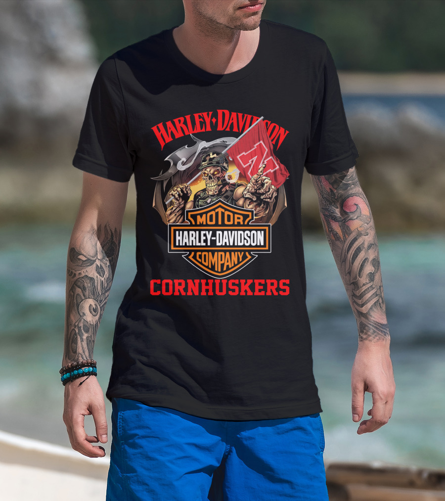 Harley Davidson Company Cornhuskers Skeleton With Nebraska Flag T-Shirt