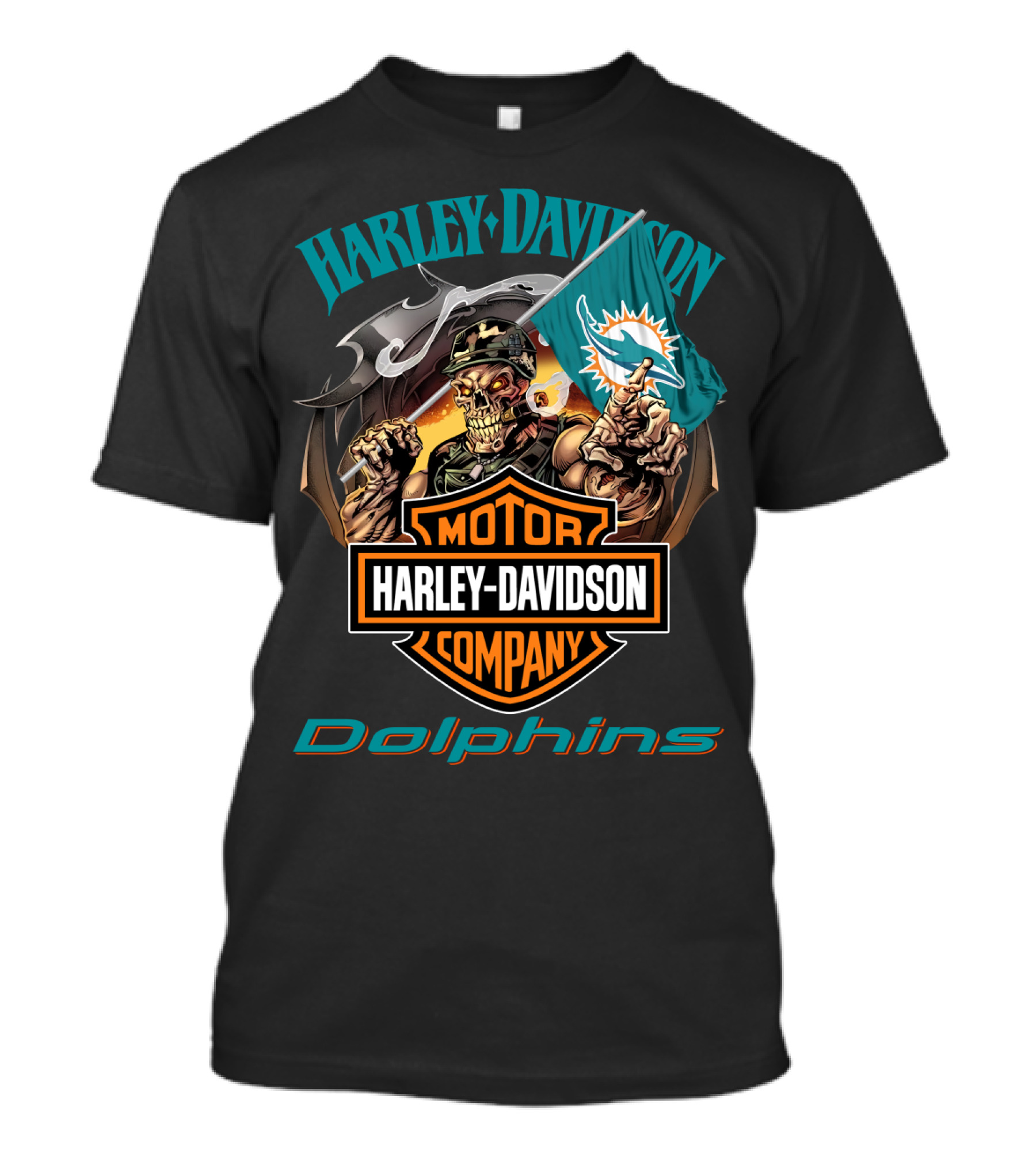 Harley Davidson Miami Dolphins Skeleton Holding Flag T-Shirt