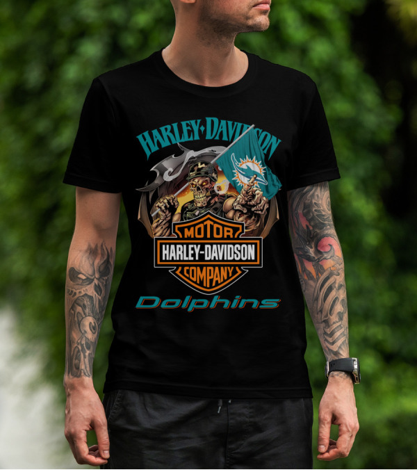 Harley Davidson Miami Dolphins Skeleton Holding Flag T-Shirt