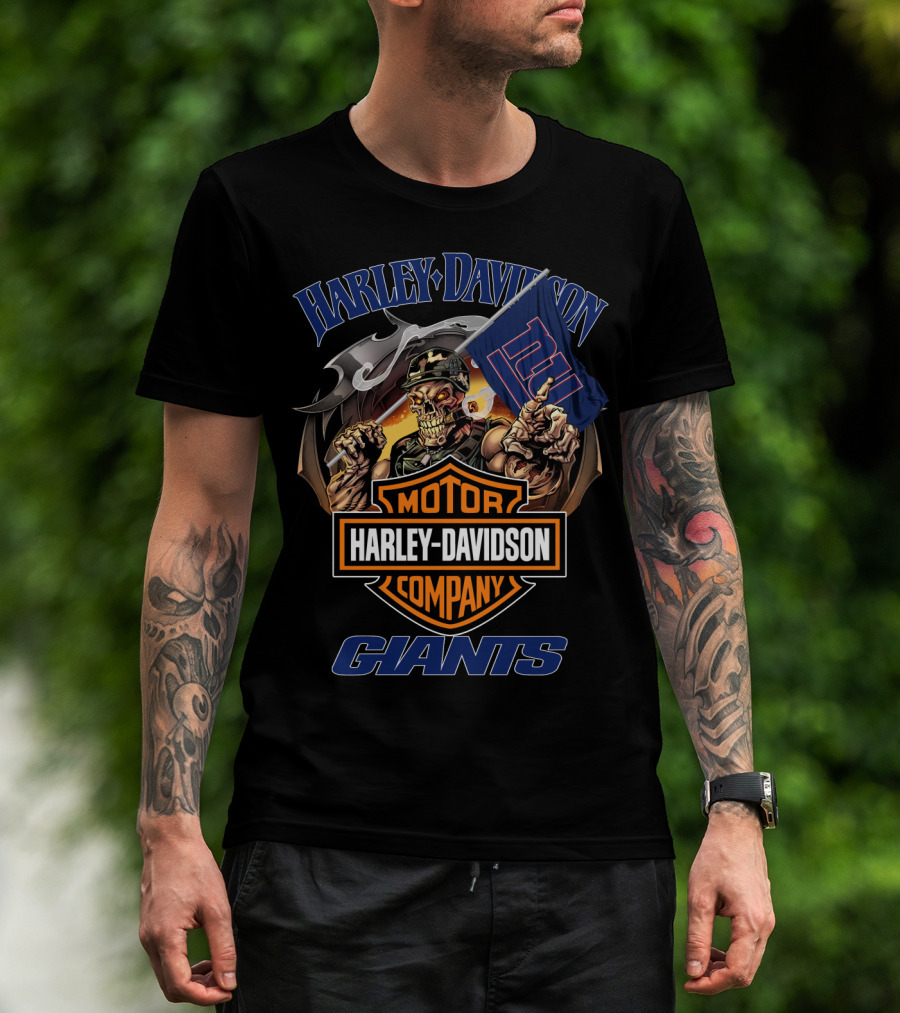 Harley Davidson Motor Company Giants Flag Skeleton Rider T-Shirt