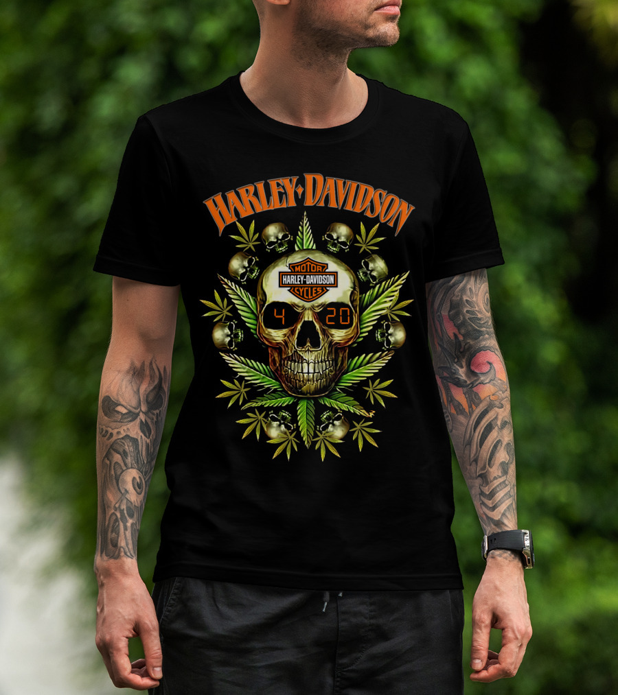 Harley Davidson Skull 420 Motor Cycles Leaf Skulls T-Shirt
