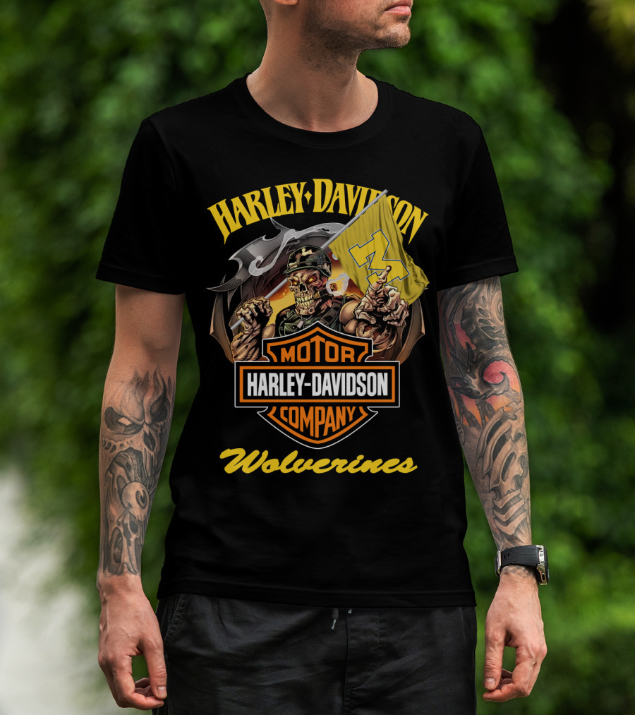Harley Davidson Motor Company Michigan Wolverines 69 Flag Skeleton T-Shirt