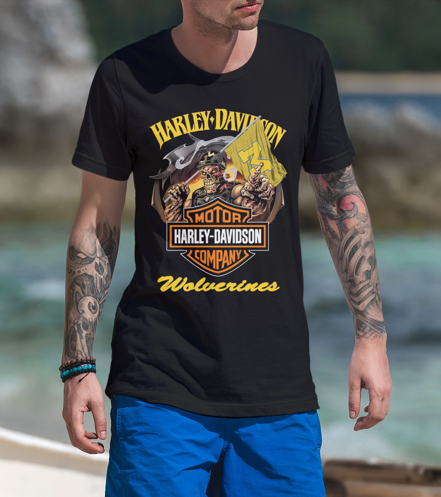 Harley Davidson Motor Company Michigan Wolverines 69 Flag Skeleton T-Shirt