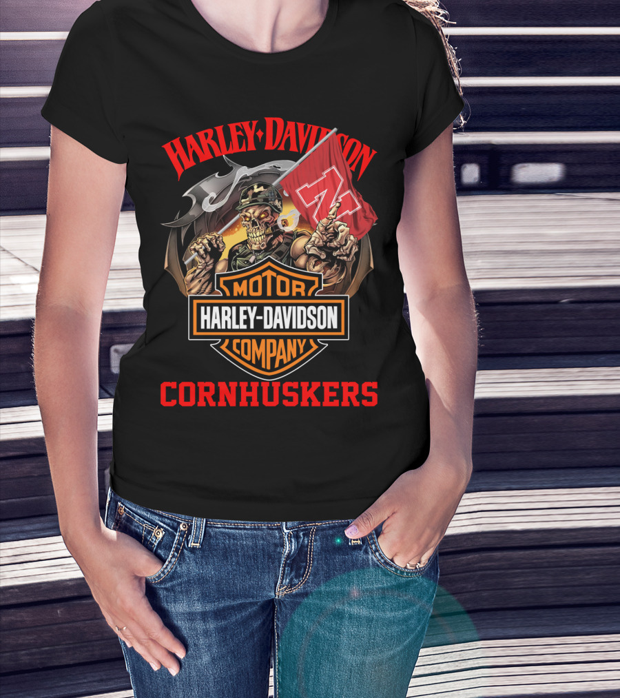 Harley Davidson Motor Company Cornhuskers Nebraska Skeleton Flag T-Shirt