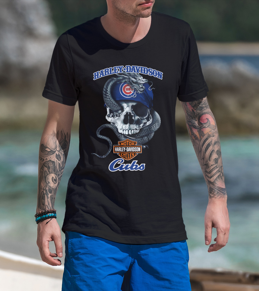 Harley Davidson Motor Cycles Chicago Cubs Skull And Snake T-Shirt