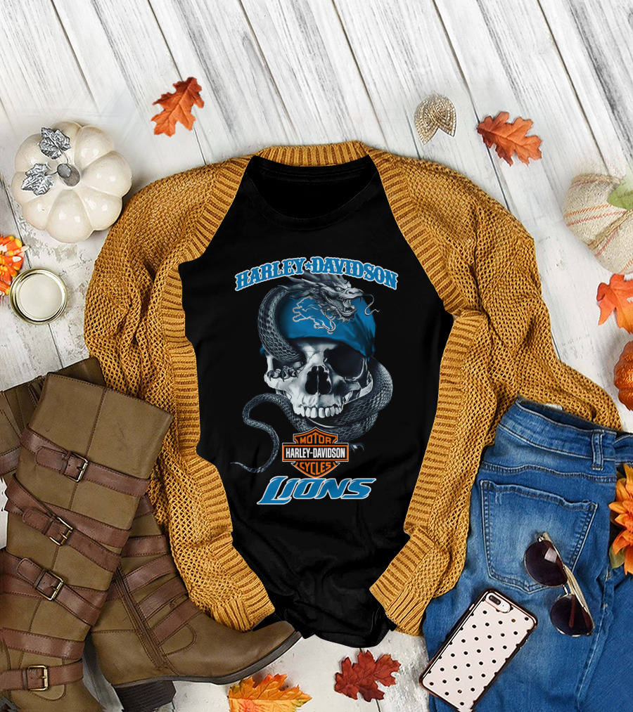 Harley Davidson Motor Cycles Detroit Lions Snake Skull T-Shirt