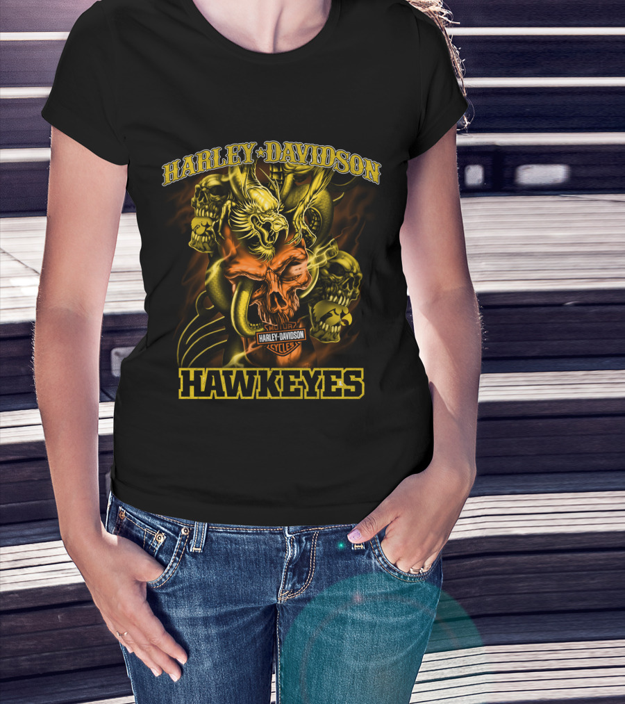 Harley Davidson Hawkeyes Cycles Skulls And Eagle T-Shirt