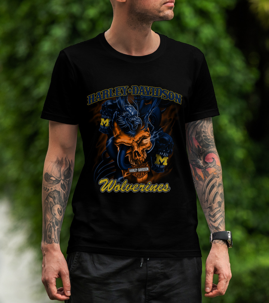 Harley Davidson Cycles Wolverines Michigan M Logo Skull T-Shirt
