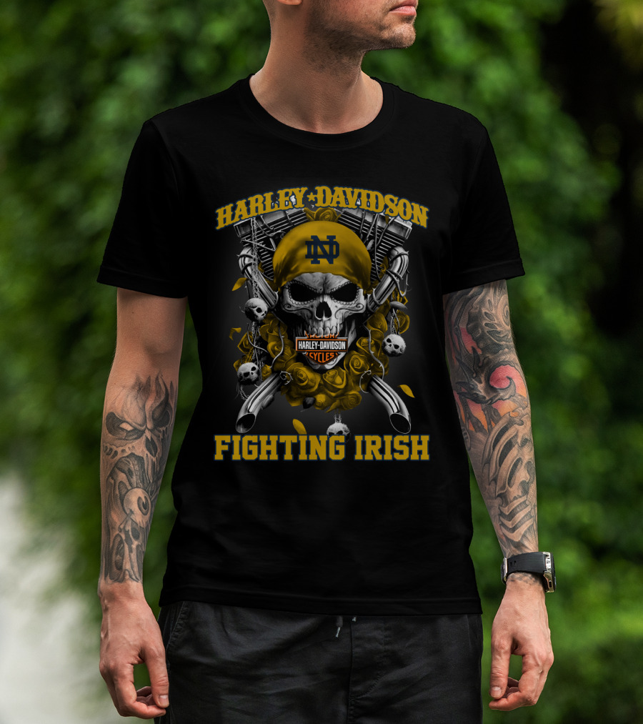 Harley Davidson Notre Dame Fighting Irish Skull And Pistons T-Shirt