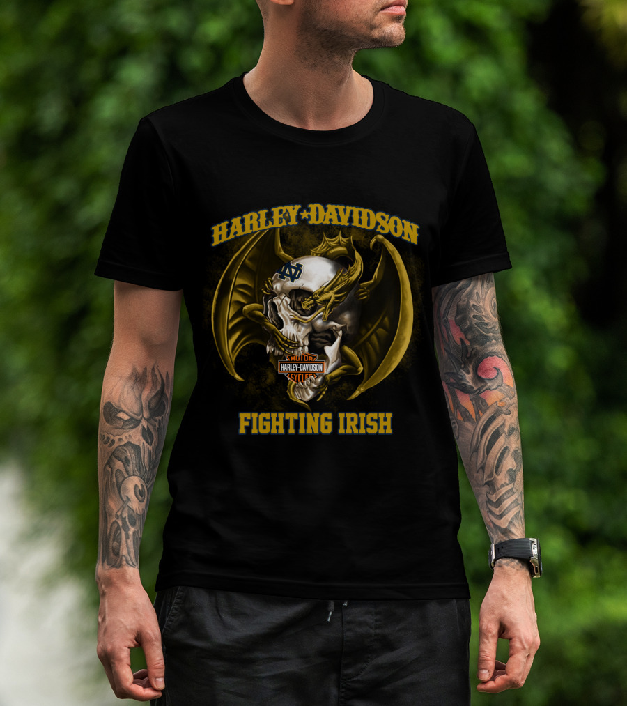 Harley Davidson Notre Dame Fighting Irish Skull And Wings T-Shirt