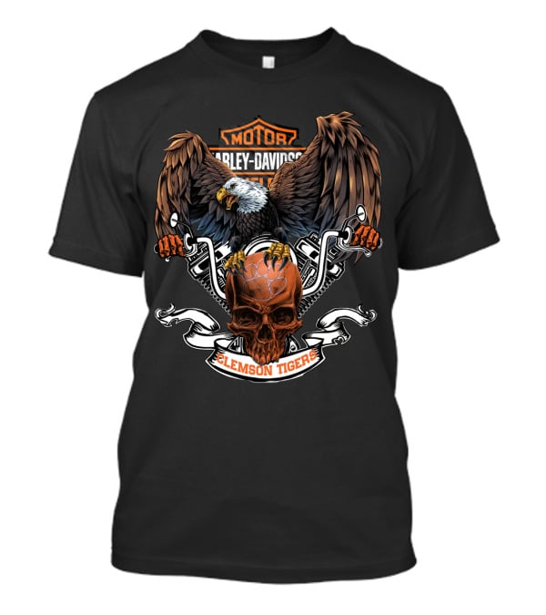 Harley Davidson Clemson Tigers Skull Eagle Motorcycle T-Shirt