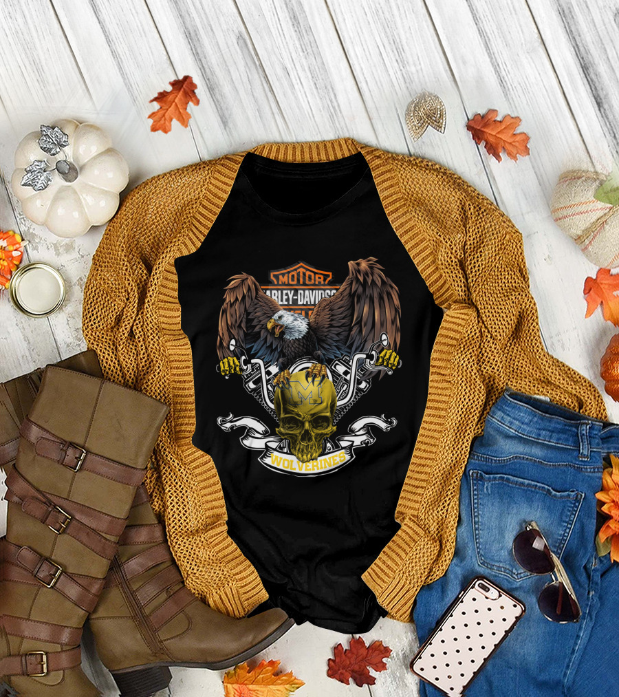 Motor Harley Davidson Cycle Michigan Wolverines Eagle Skull T-Shirt