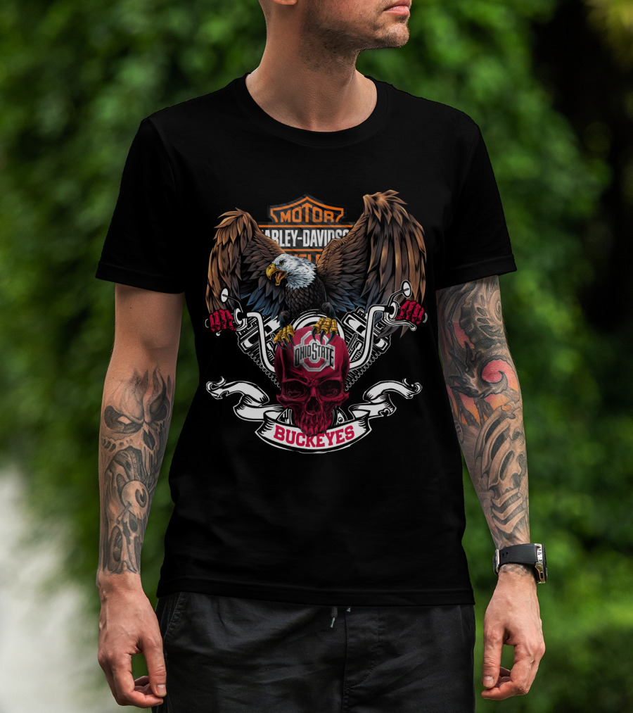 Hd Ncaa Ohio State Buckeyes Harley Davidson Eagle Skull T-Shirt