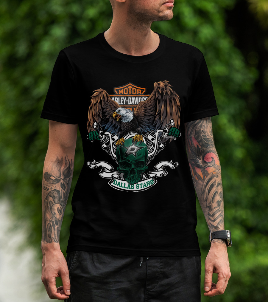 Harley Davidson Motorcycles Bald Eagle Dallas Stars Nhl Hockey Skull T-Shirt