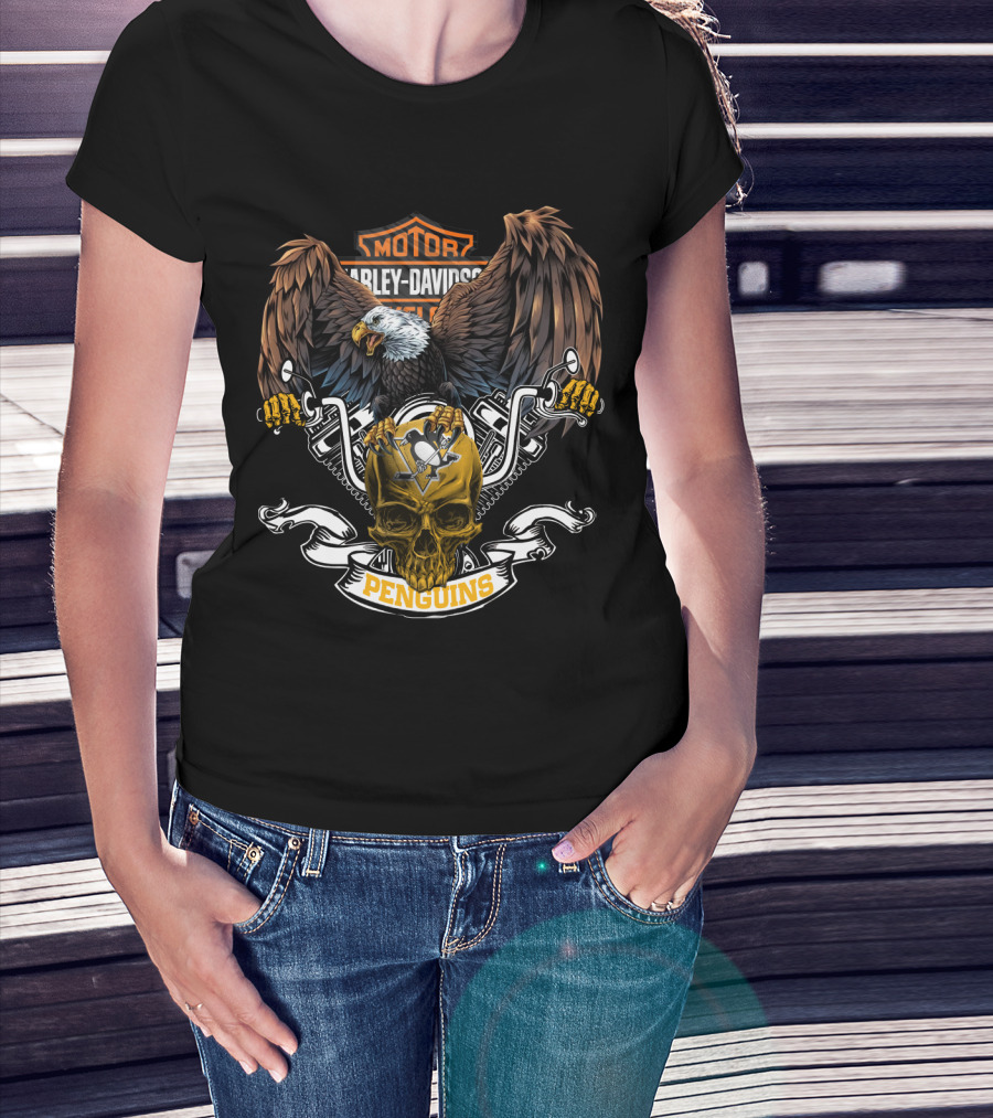 Harley Davidson Pittsburgh Penguins Eagle Skull Nhl 87 T-Shirt