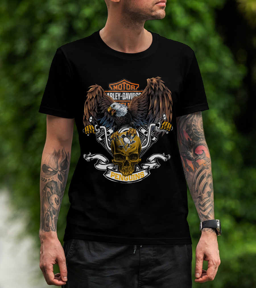 Harley Davidson Pittsburgh Penguins Eagle Skull Nhl 87 T-Shirt