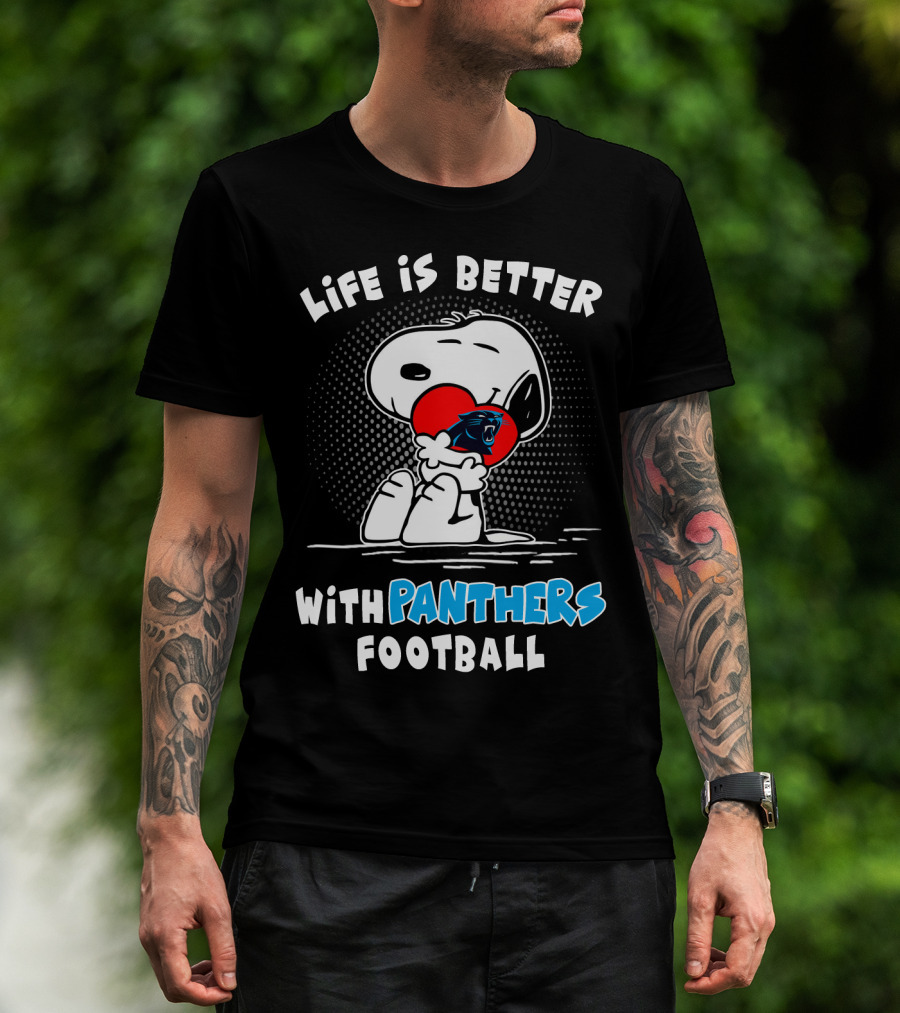 Life Is Better With Panthers Football Snoopy Hugging Heart T-Shirt