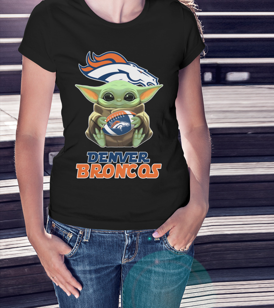 Denver Broncos Grogu Holding Football T-Shirt