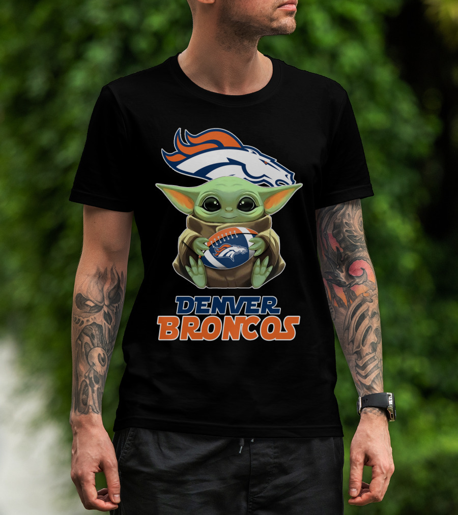 Denver Broncos Grogu Holding Football T-Shirt