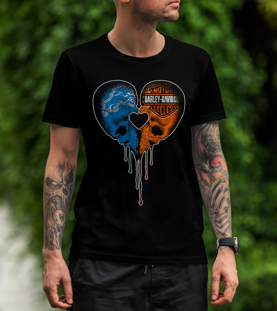 Detroit Lions And Harley Davidson Skulls Heart Fusion T-Shirt