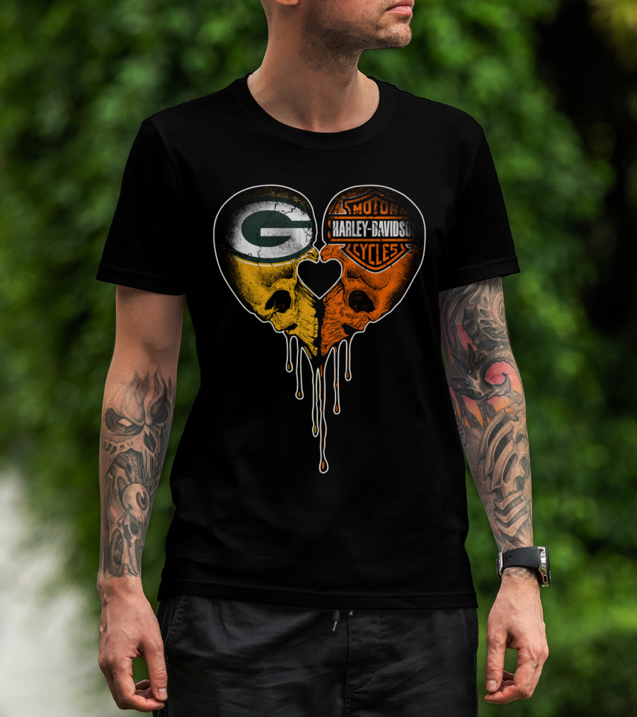 Green Bay Packers Harley Davidson Heart Skulls T-Shirt