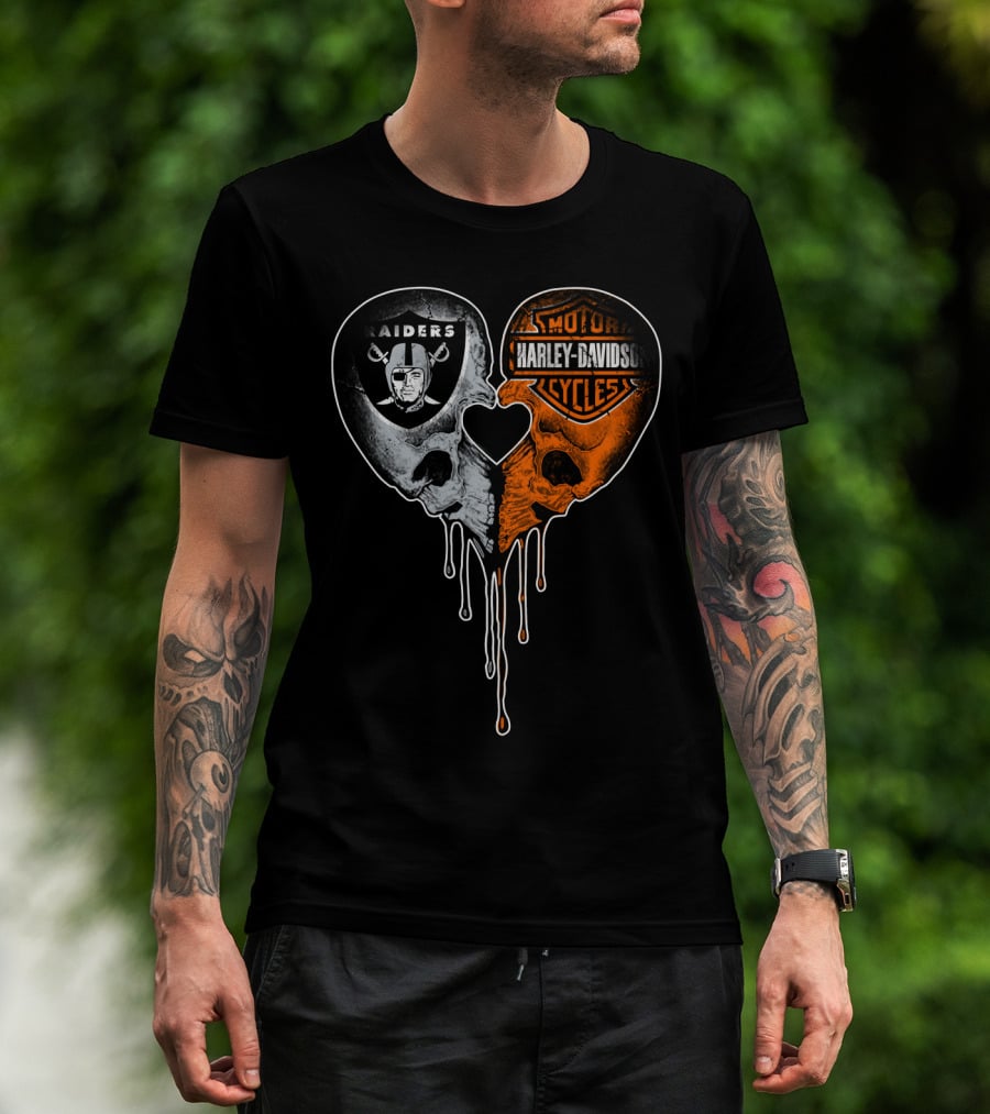 Raiders Harley Davidson Heart Skulls T-Shirt