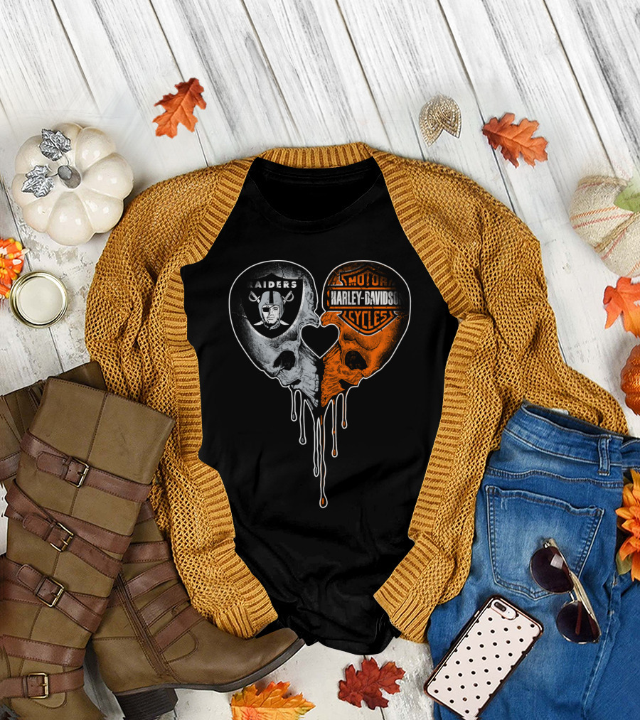 Raiders Harley Davidson Heart Skulls T-Shirt