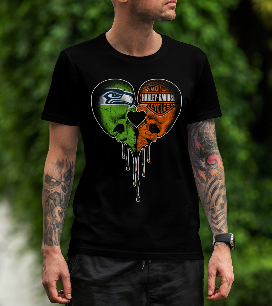 Seattle Seahawks Harley Davidson Heart Skull Drip T-Shirt