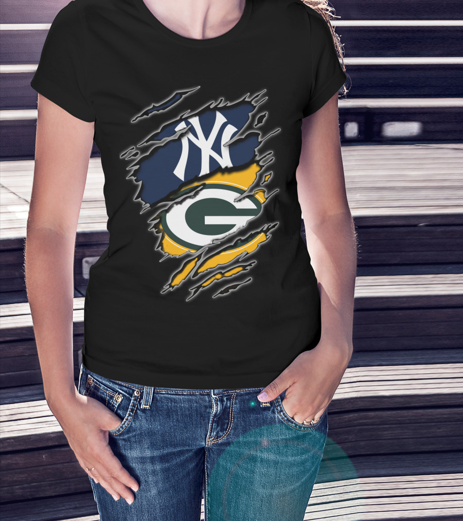 New York Yankees Green Bay Packers Fan Cross-Logo T-Shirt
